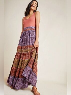 Anthropologie Colima Colorful Tiered Snakeprint Boho Maxi Dress, Coral Purple XS